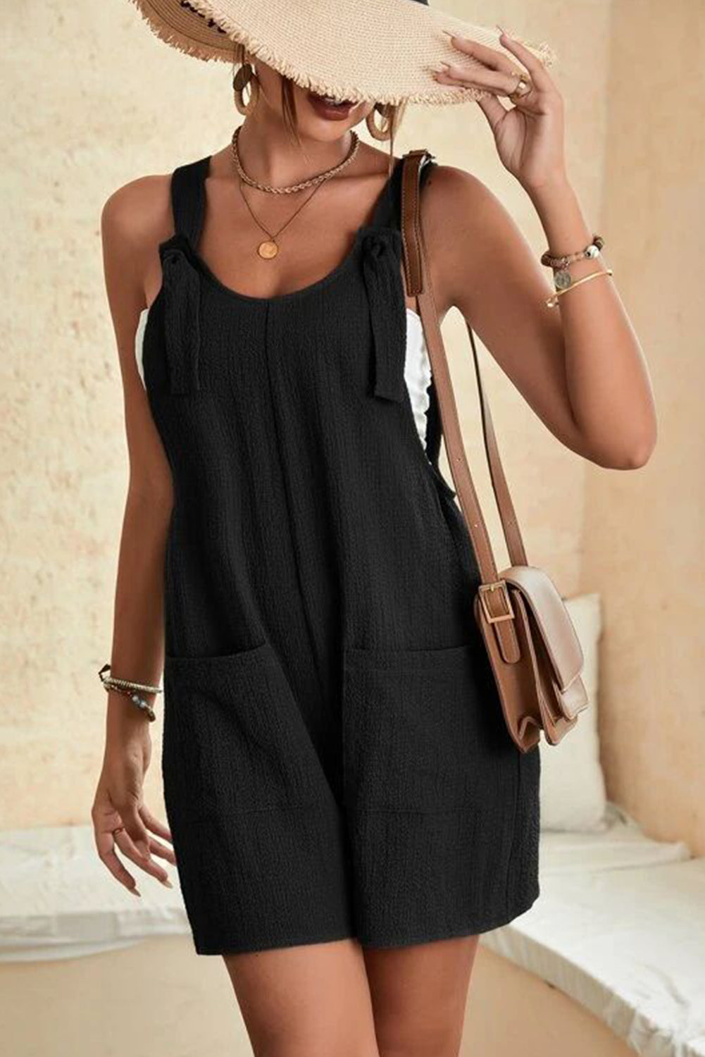 Blue Shoulder Strap Pocket Textured Romper