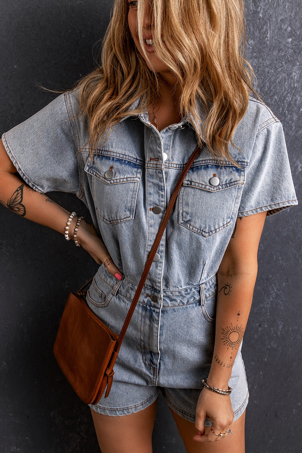 Light Blue Button Pocketed Vintage Washed Denim Romper