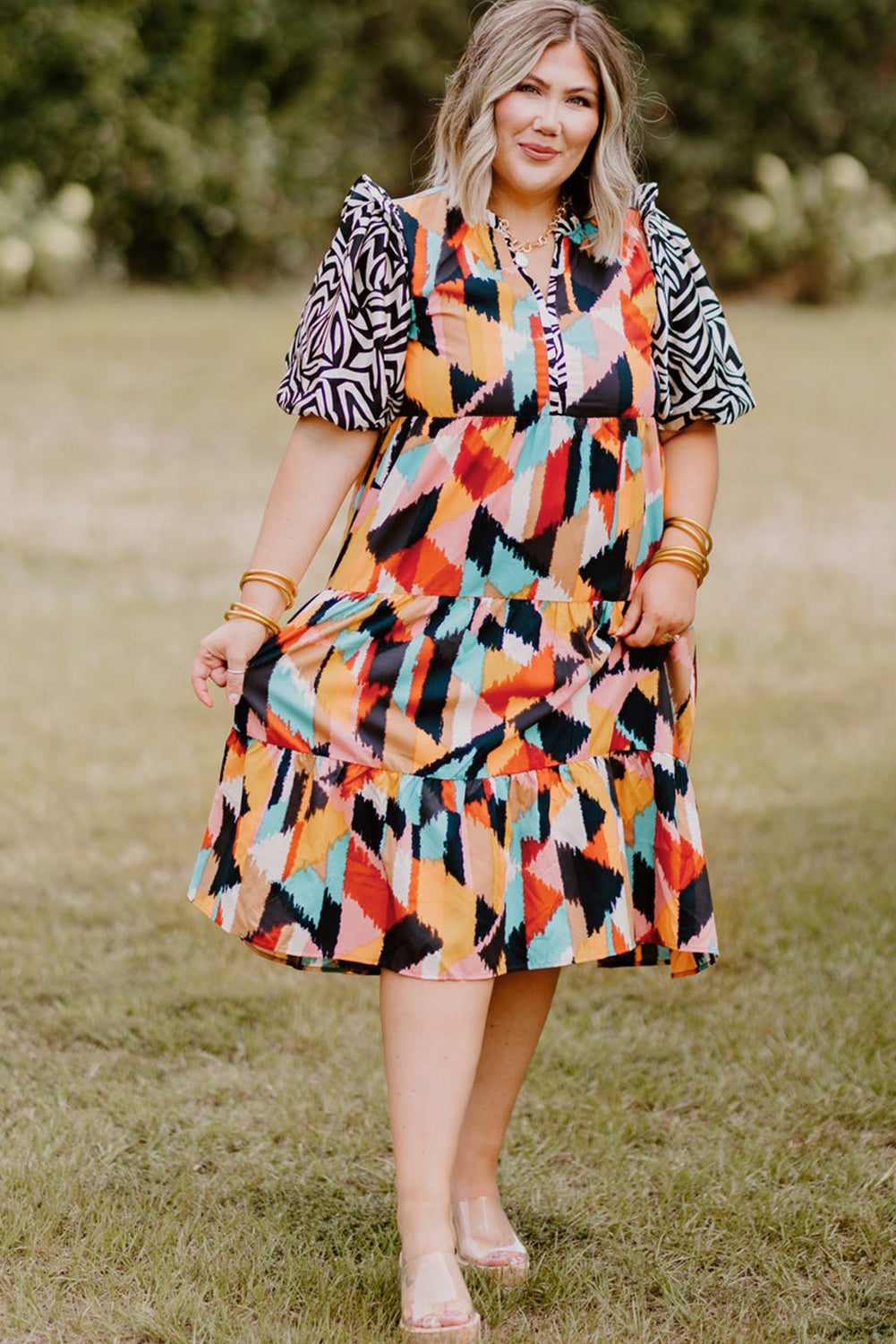 Pink Abstract Print Contrast Puff Sleeve Tiered Plus Size Dress