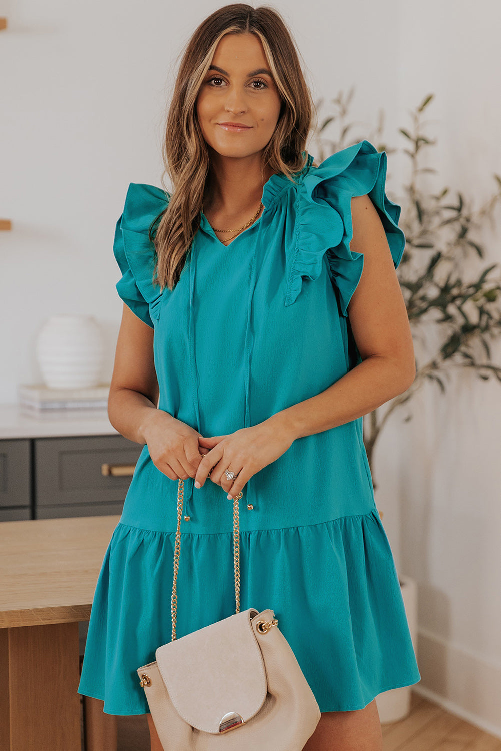 Green Tiered Ruffled Drawstring V Neck Short Dress With Pockets