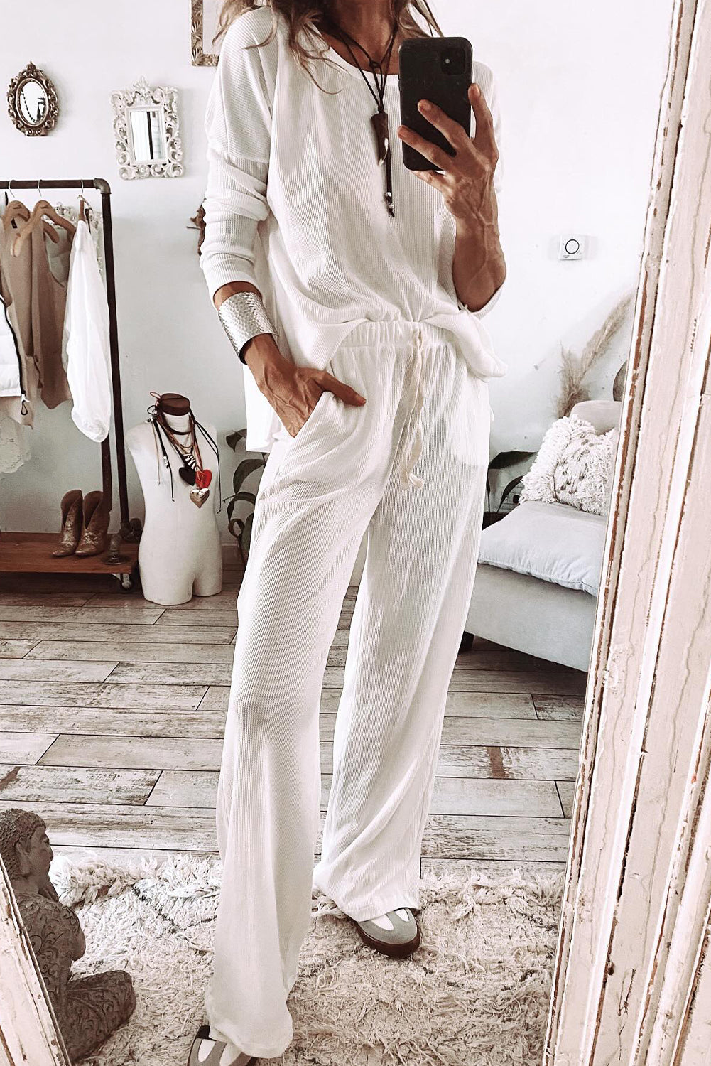 Parchment Textured Long Sleeve Top and Pants Lounge Set