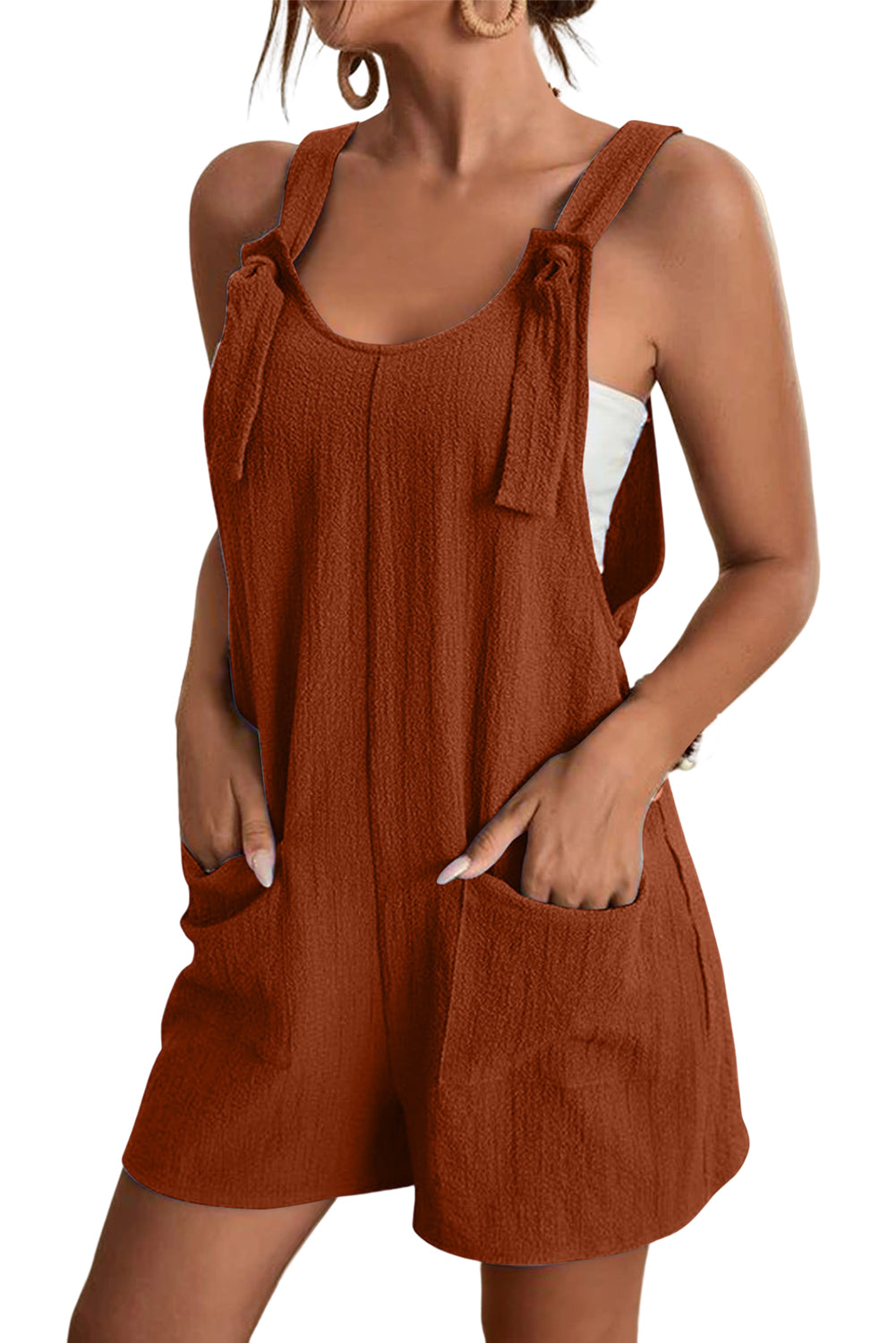 Blue Shoulder Strap Pocket Textured Romper