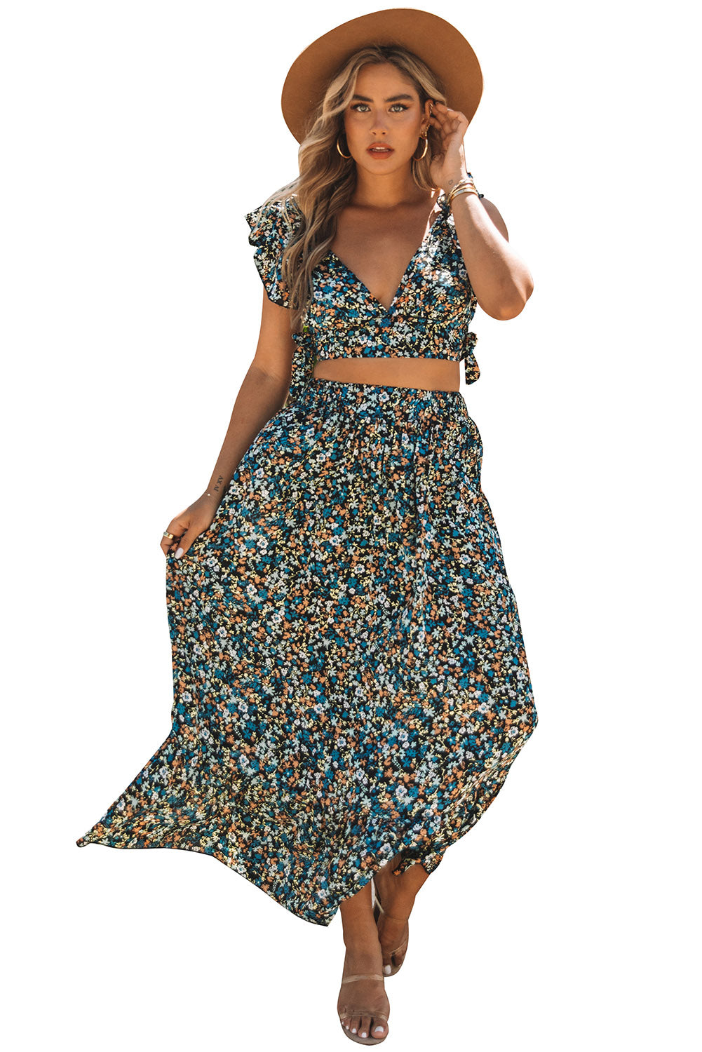 Ditsy Floral Print Ruffled Crop Top & Flounce Hem Maxi Skirt Set