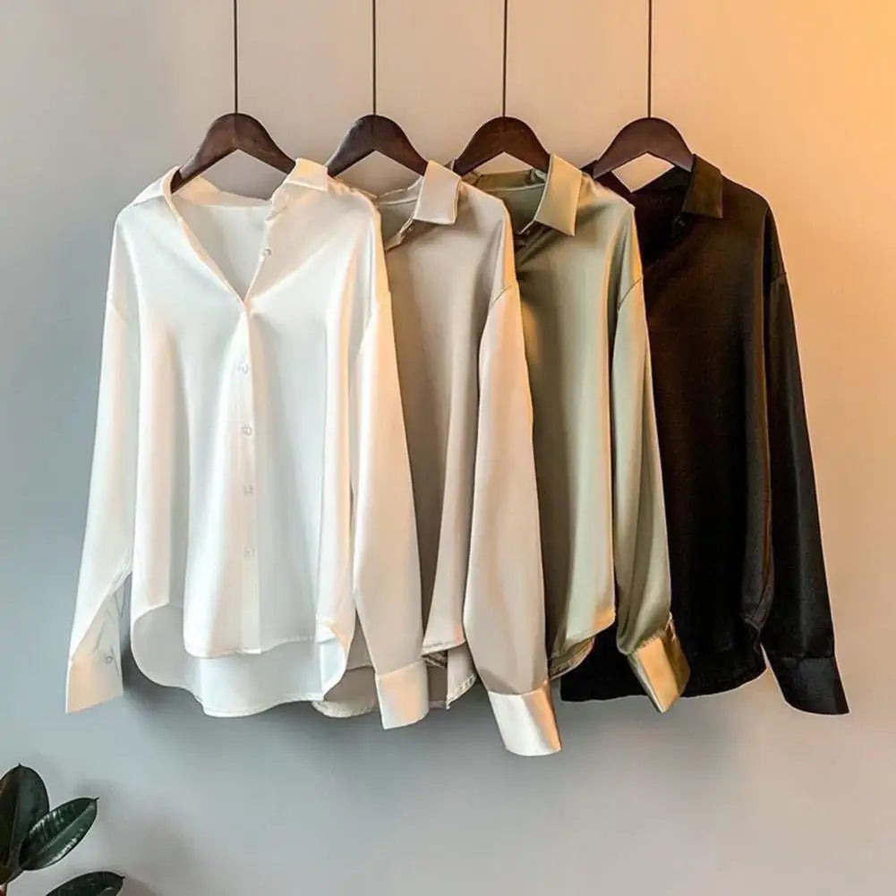 Elegantes seidiges Satin Damen Shirt mit Umlegekragen Langarm