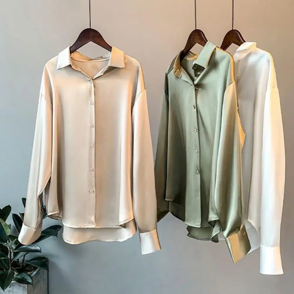 Elegantes seidiges Satin Damen Shirt mit Umlegekragen Langarm