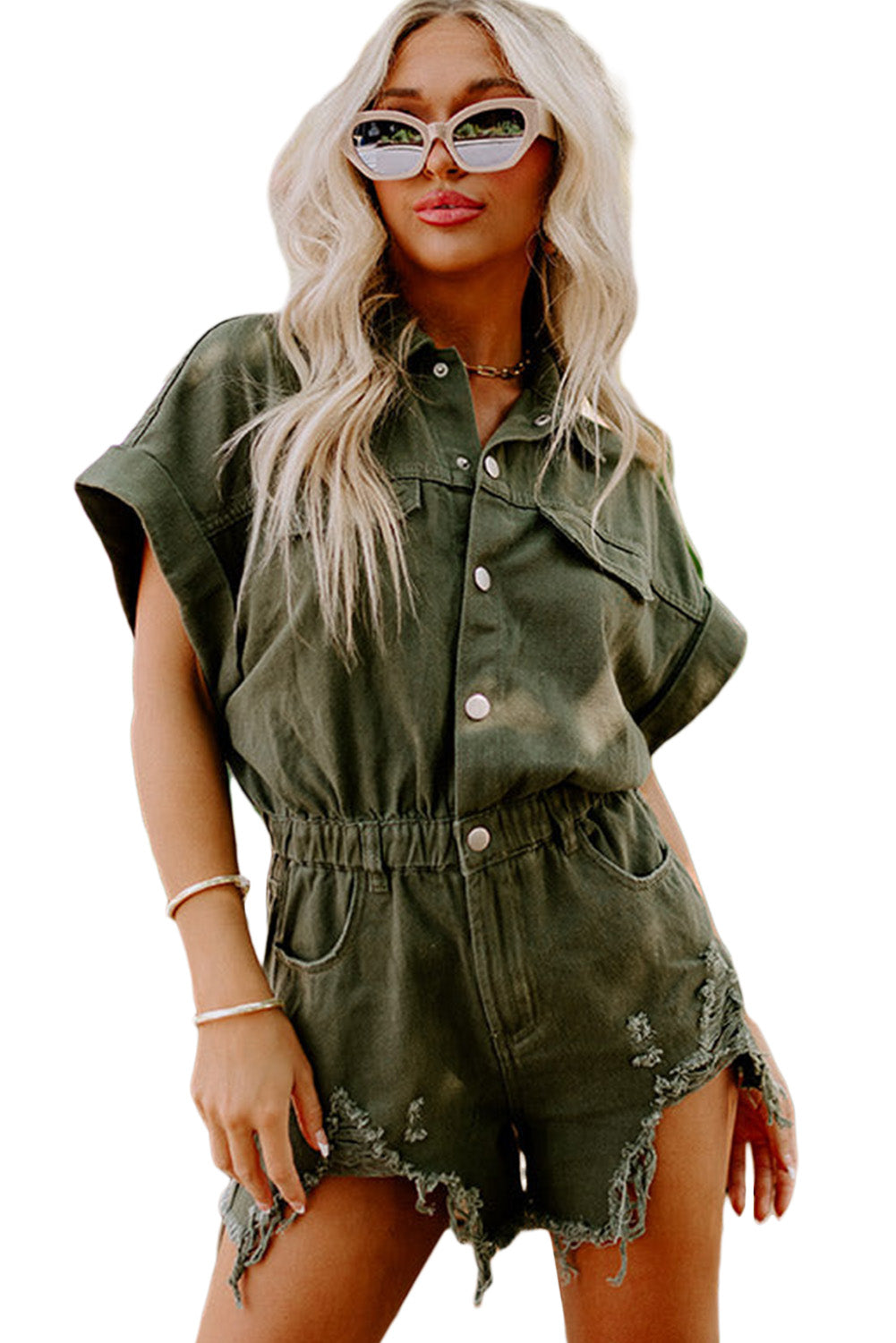 Moss Green Distressed Frayed Denim Romper