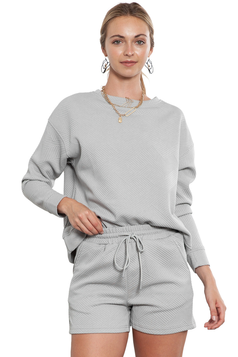 Gray Textured Long Sleeve Top & Drawstring Shorts Set