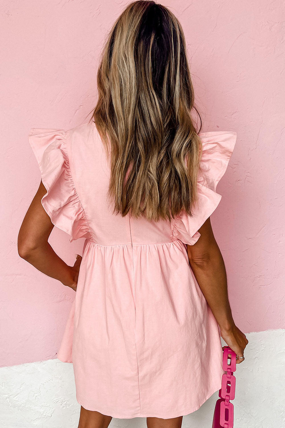 Pink Ruffle Short Sleeve V Neck Pocket Short Babydoll Dress