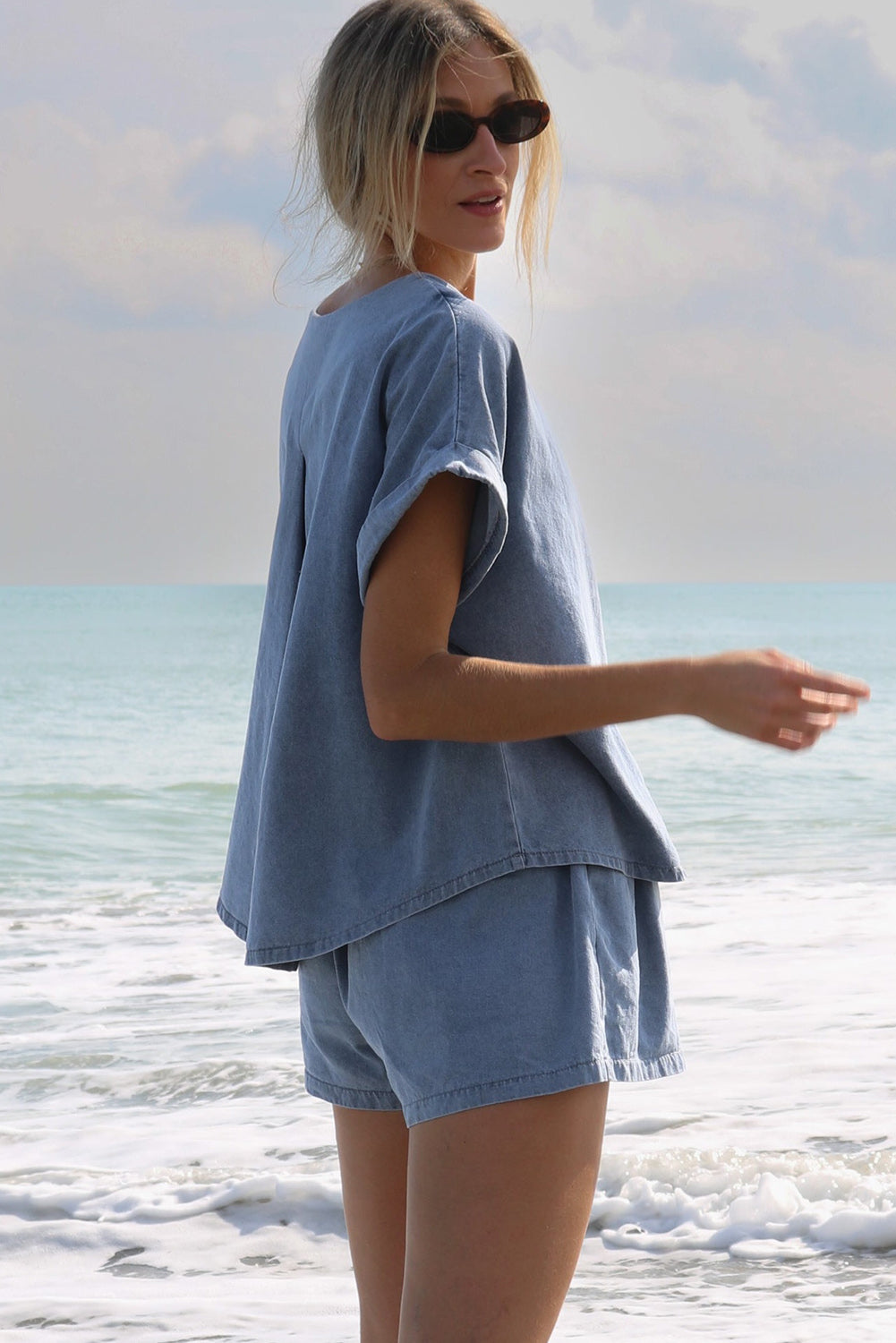 Light Blue Denim Loose Fit Tee and Shorts Set