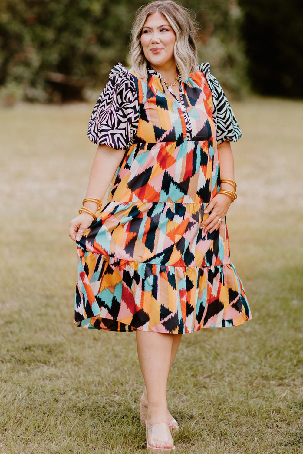 Pink Abstract Print Contrast Puff Sleeve Tiered Plus Size Dress