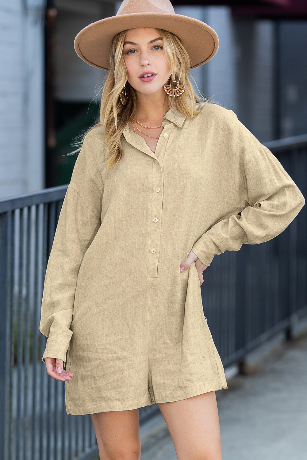 Beige Solid Color Half Buttoned Shirt Romper