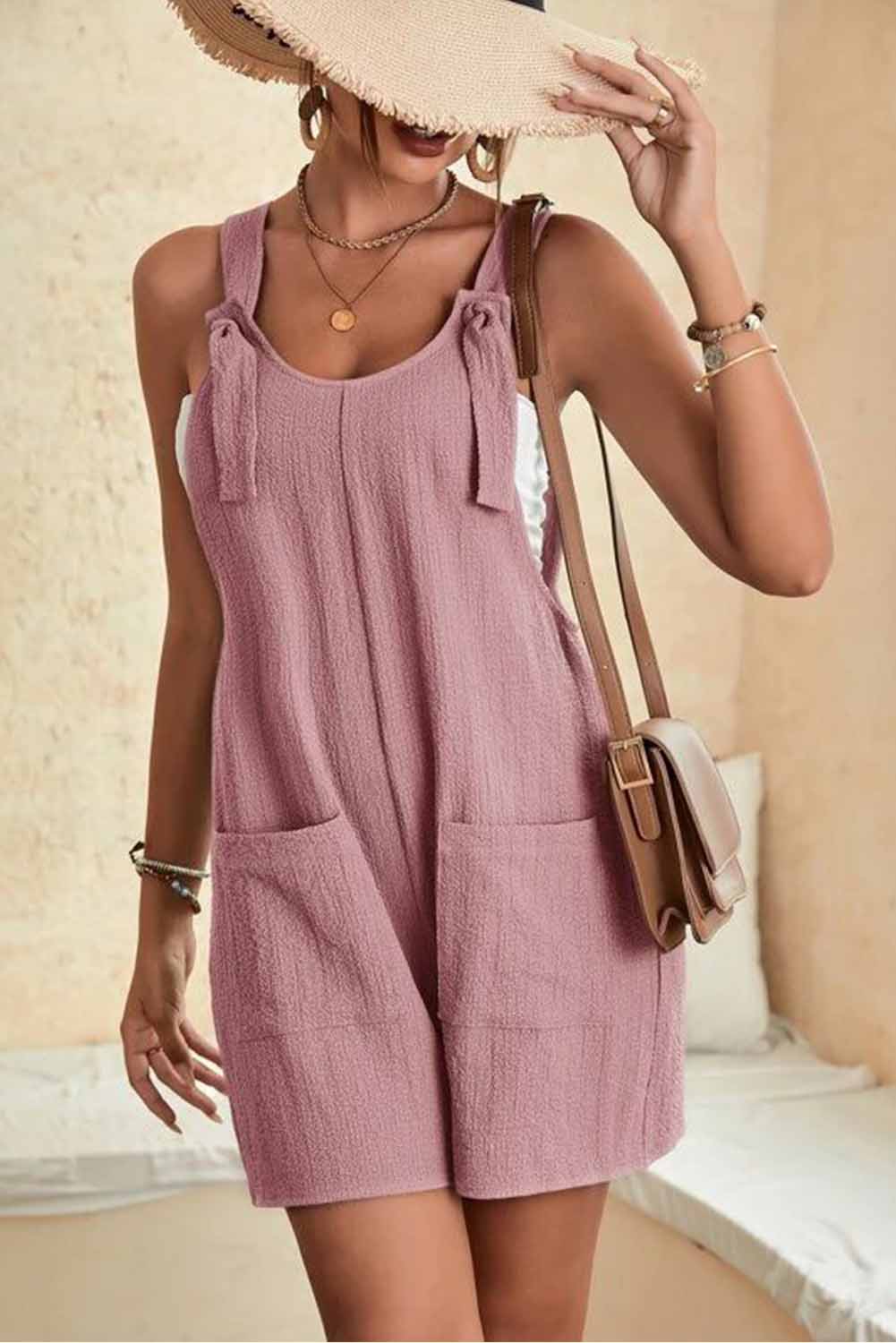 Blue Shoulder Strap Pocket Textured Romper