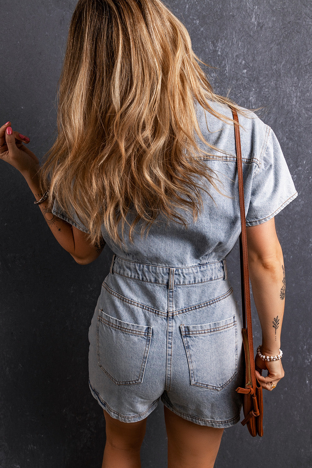 Light Blue Button Pocketed Vintage Washed Denim Romper