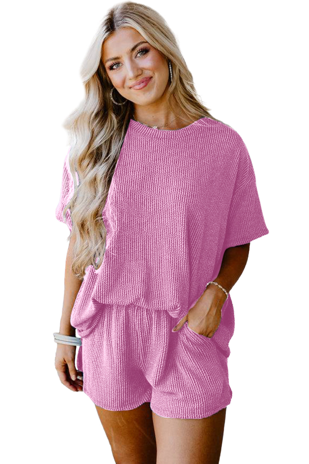 Phalaenopsis Ribbed Textured Loose Fit Tee & Shorts Set