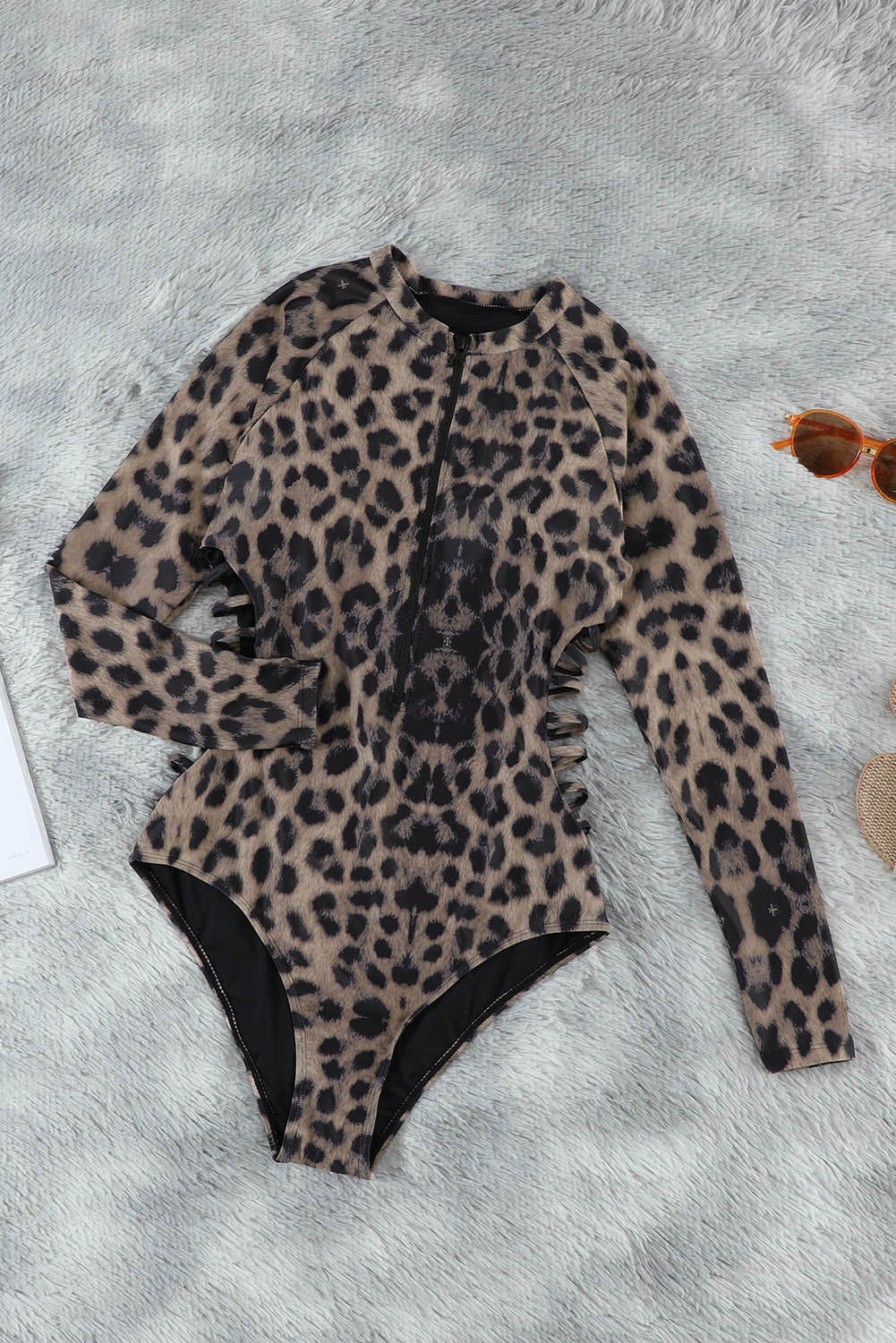 Leopard Print Sexy Zipper Cut Out Rash Guard One Piece Swimsuit