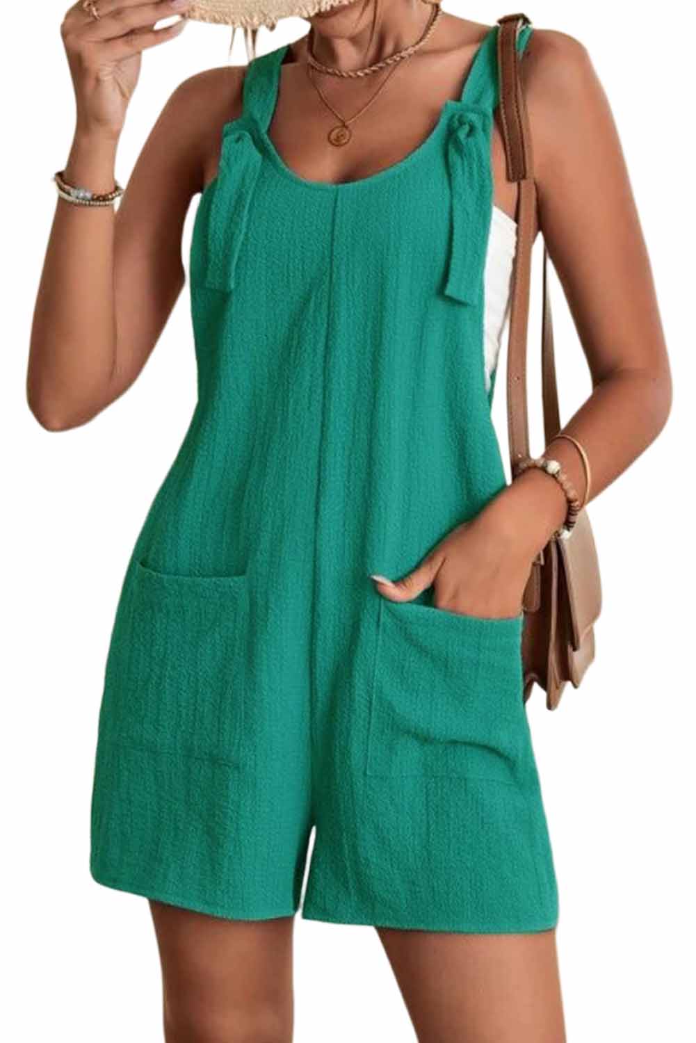 Blue Shoulder Strap Pocket Textured Romper