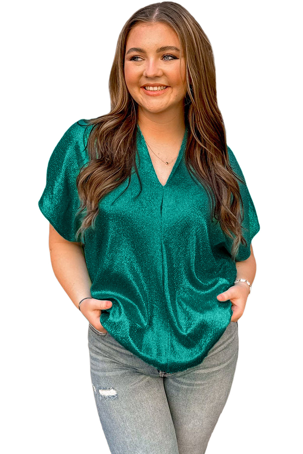 Skobeloff Solid Color Satin Plus Size V Neck Tee