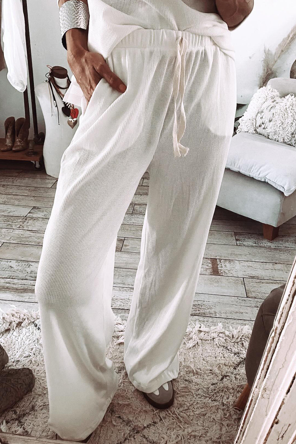 Parchment Textured Long Sleeve Top and Pants Lounge Set