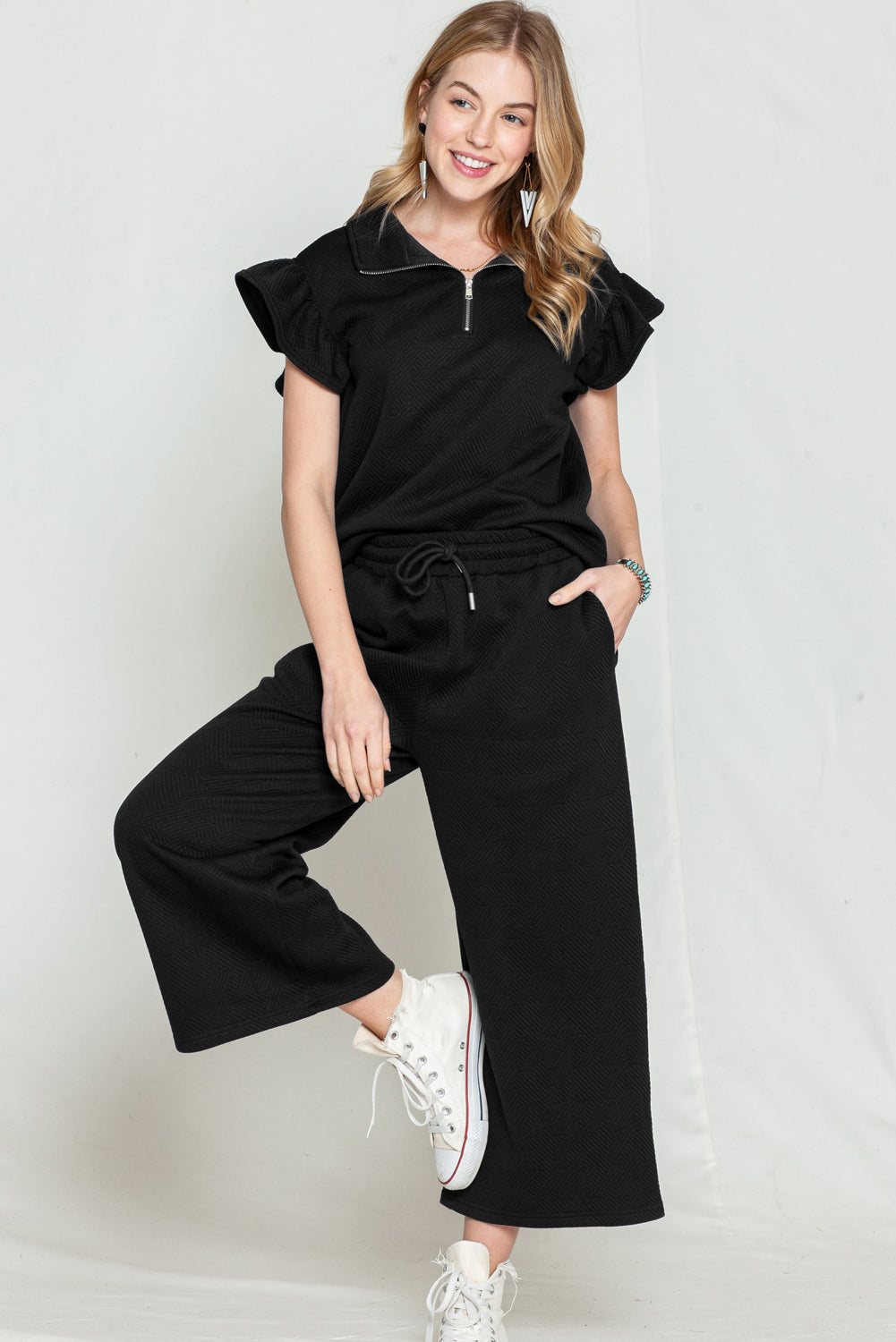 Black Textured Ruffle Cap Sleeve Top and Wide Leg Pants Set