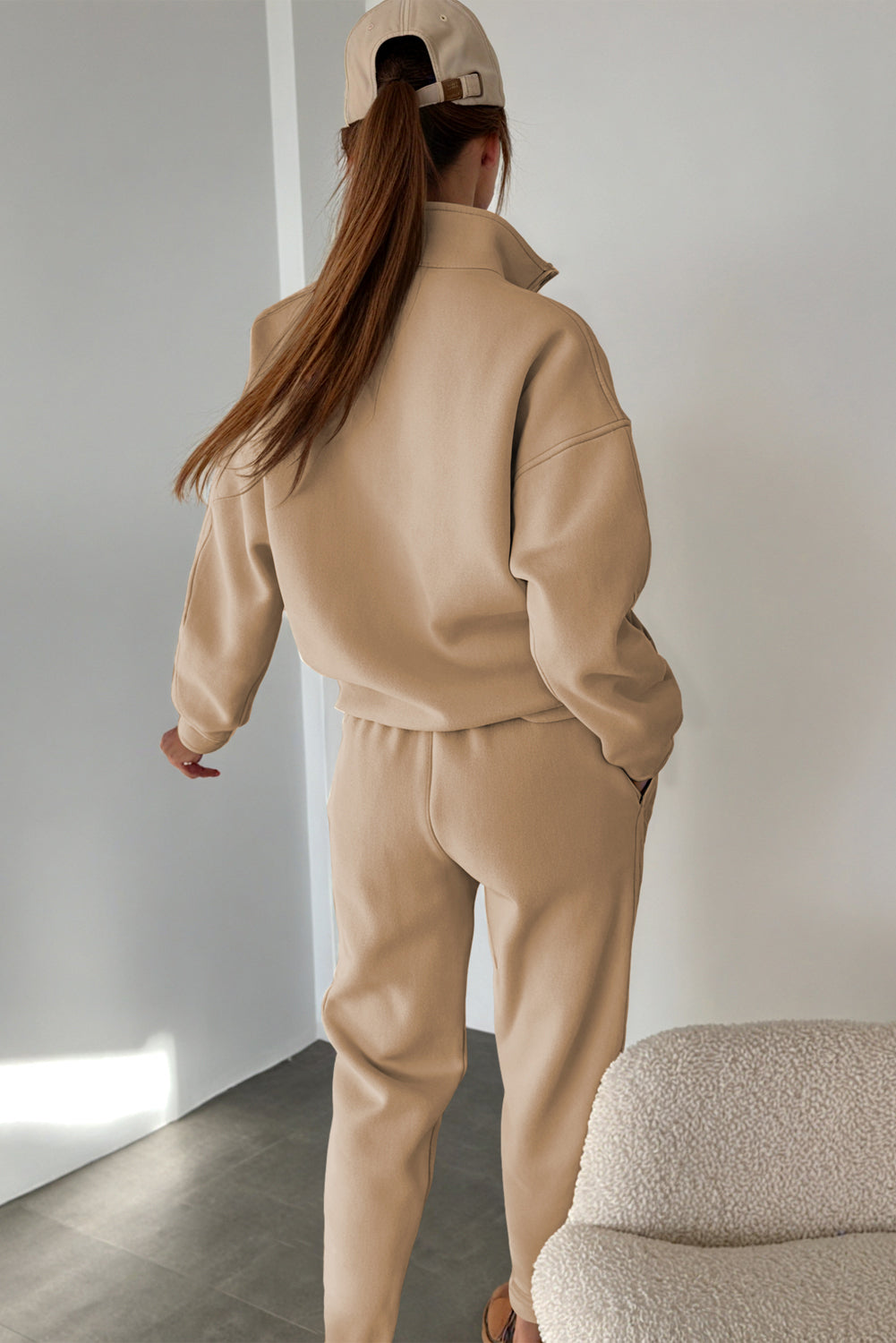 Parchment Solid Half Button Sweatshirt and High Waist Pants Set