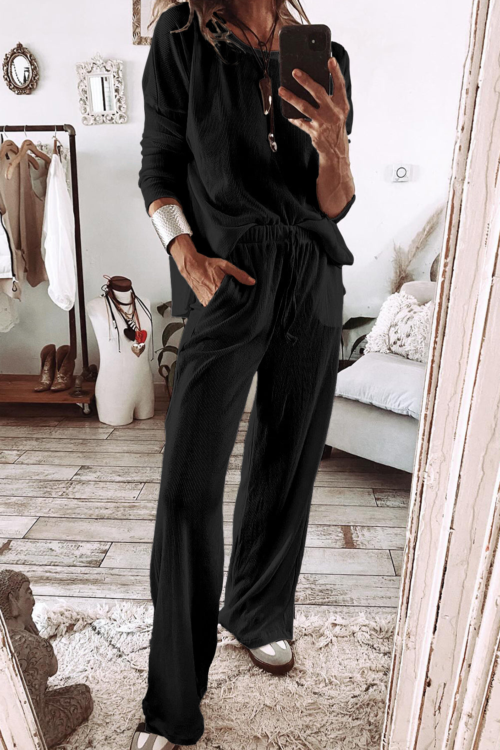 Parchment Textured Long Sleeve Top and Pants Lounge Set