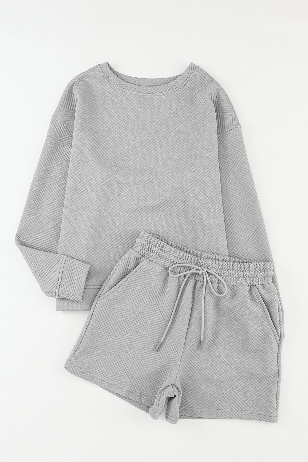 Gray Textured Long Sleeve Top & Drawstring Shorts Set