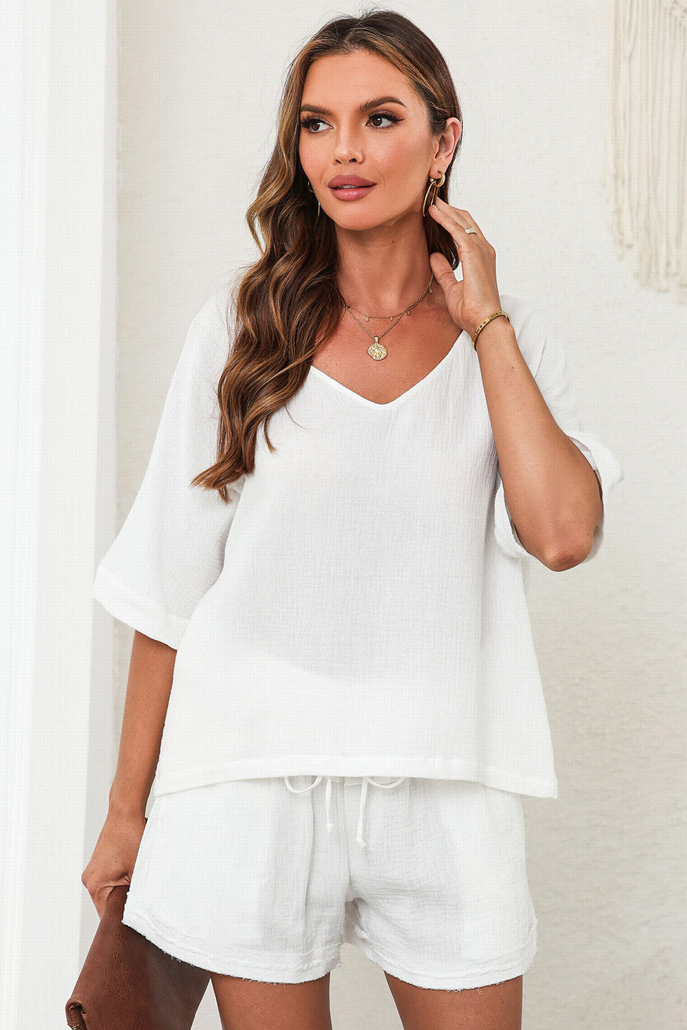 White Loose V Neck Blouse & Drawstring Raw Hem Shorts Set