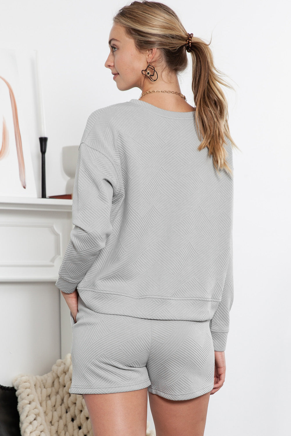 Gray Textured Long Sleeve Top & Drawstring Shorts Set