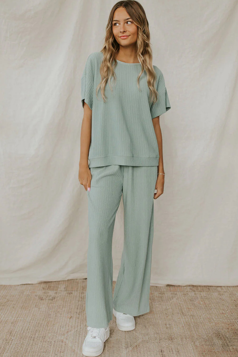 Moonlight Jade Textured Drop Sleeve Tee and Drawstring Pants Set