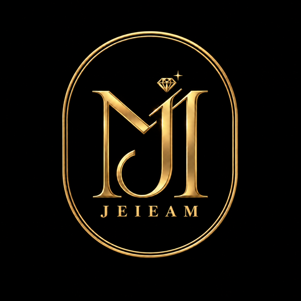 JeieaM gold monogram logo on black background