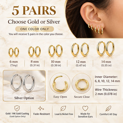 5 Sets Hoop Earrings (10pcs) Stainless Steel - 14K Gold Plated